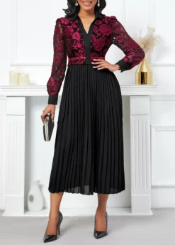 Black Pleated Long Sleeve V Neck Dress -Elegance Swimwear Store 335776 P 16983157468580