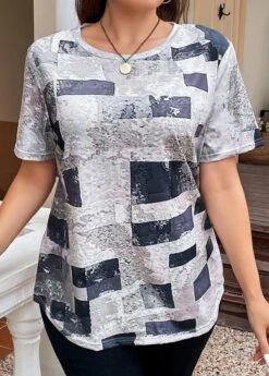 Grey Lightweight Plus Size Geometric Print T Shirt -Elegance Swimwear Store 335813 P 16886222270763