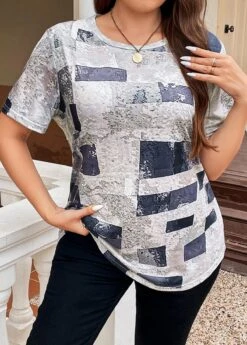 Grey Lightweight Plus Size Geometric Print T Shirt -Elegance Swimwear Store 335813 P 16886222276420