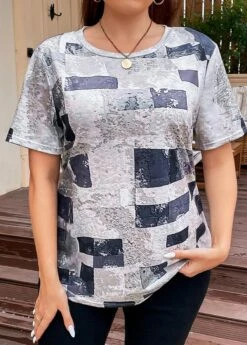 Grey Lightweight Plus Size Geometric Print T Shirt -Elegance Swimwear Store 335813 P 16886222279134