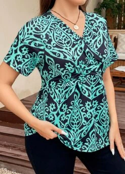 Turquoise Surplice Plus Size Tribal Print T Shirt -Elegance Swimwear Store 335817 P 16886222062515