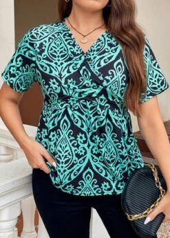 Turquoise Surplice Plus Size Tribal Print T Shirt -Elegance Swimwear Store 335817 P 16886222064632