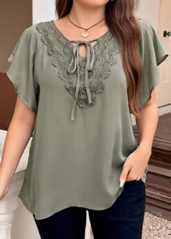 Sage Green Patchwork Plus Size Short Sleeve Blouse -Elegance Swimwear Store 335820 P 16887260930084