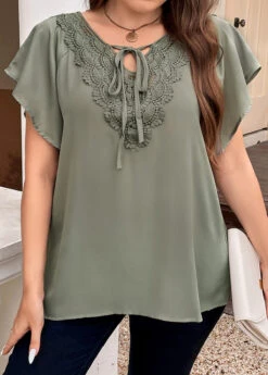 Sage Green Patchwork Plus Size Short Sleeve Blouse -Elegance Swimwear Store 335820 P 16887260935485