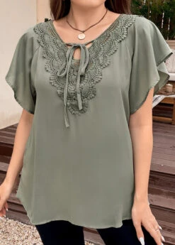 Sage Green Patchwork Plus Size Short Sleeve Blouse -Elegance Swimwear Store 335820 P 16887260939352
