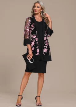 Embroidery Black Two Piece Shift Dress And Cardigan