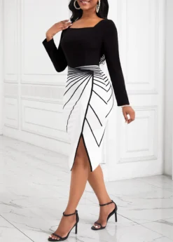 Black Split Striped Long Sleeve Square Neck Bodycon Dress -Elegance Swimwear Store 336013 P 16899445241492