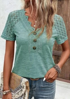 Plus Size Green Lace Short Sleeve T Shirt -Elegance Swimwear Store 336109 P 16871565995203