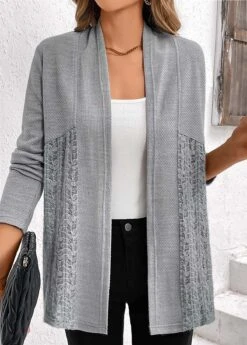 Plus Size Grey Patchwork Long Sleeve Cardigan -Elegance Swimwear Store 336118 P 16904561865203