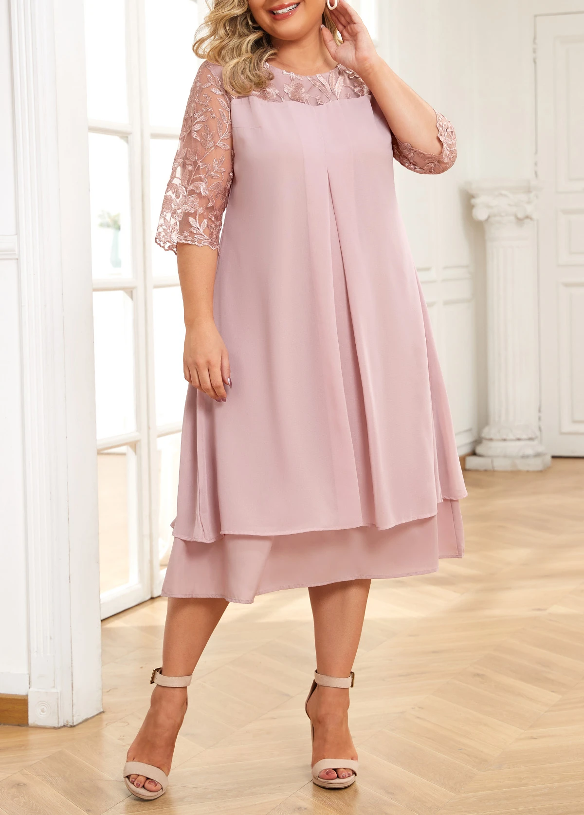 Light Pink Embroidery Plus Size A Line Dress 4 Light Pink Embroidery Plus Size A Line Dress - Image 4