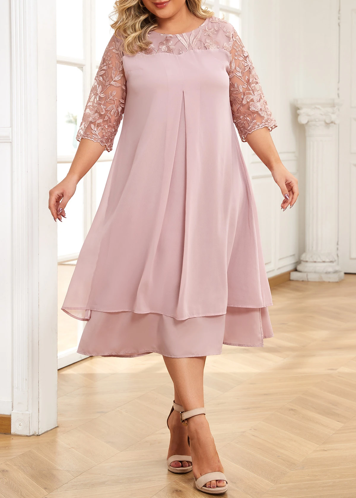 Light Pink Embroidery Plus Size A Line Dress 3 Light Pink Embroidery Plus Size A Line Dress - Image 3