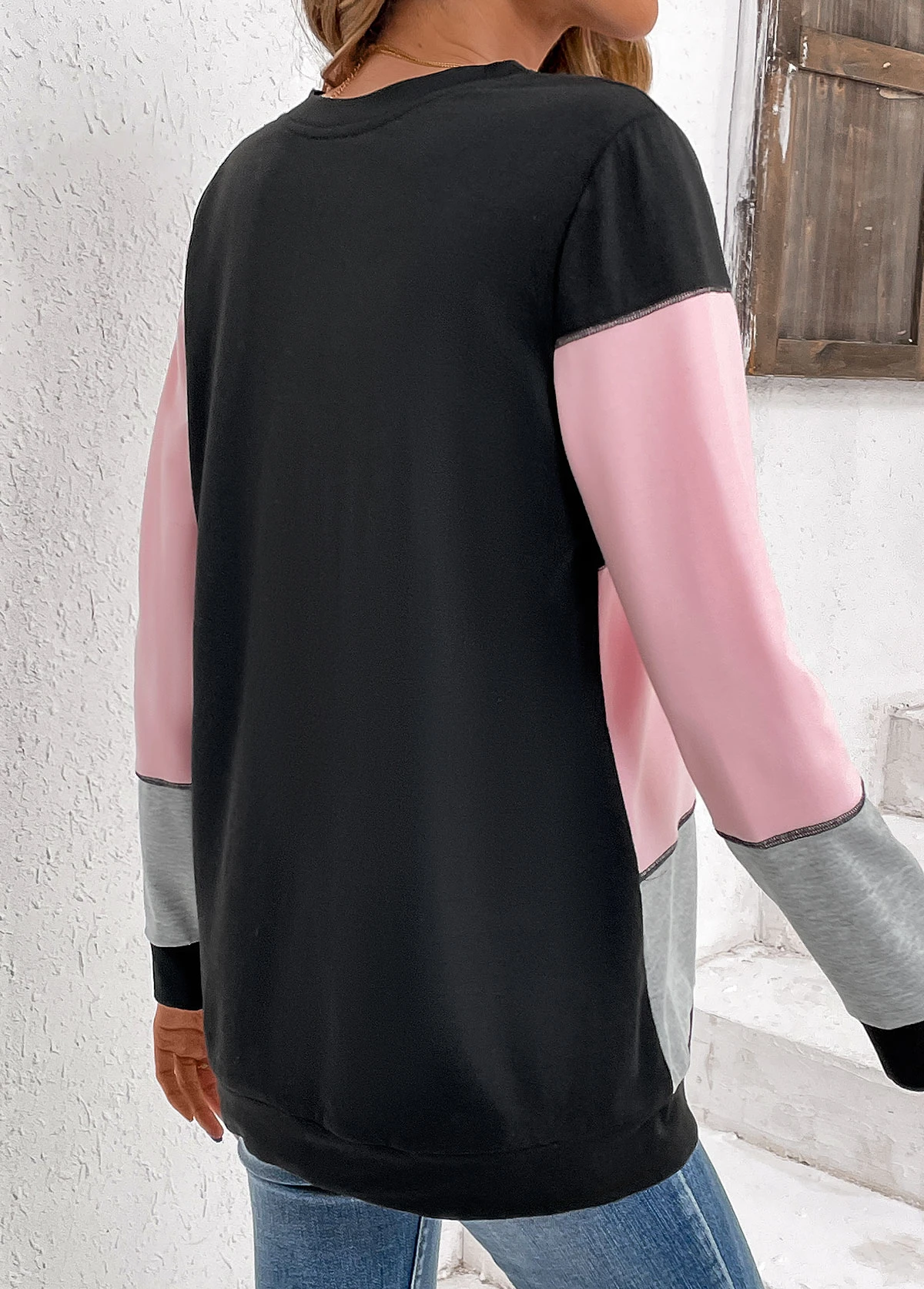 Plus Size Light Pink Patchwork Long Sleeve Sweatshirt 8 Plus Size Light Pink Patchwork Long Sleeve Sweatshirt - Image 8