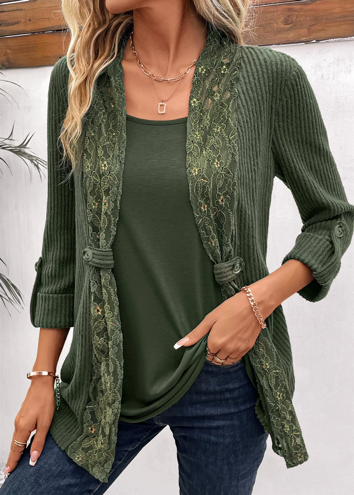 Plus Size Olive Green Fake 2in1 T Shirt 10 Plus Size Olive Green Fake 2in1 T Shirt - Image 10