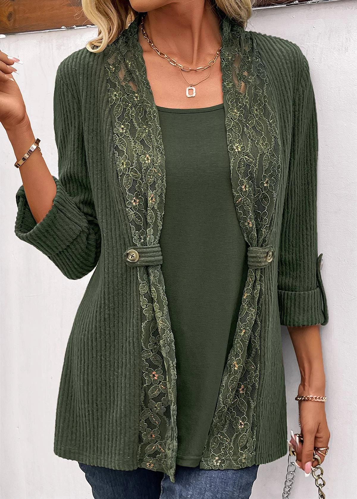 Plus Size Olive Green Fake 2in1 T Shirt 12 Plus Size Olive Green Fake 2in1 T Shirt - Image 12