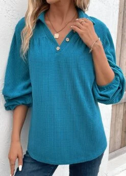 Plus Size Peacock Blue Ruched Long Sleeve Blouse -Elegance Swimwear Store 336510 P 16928733647872