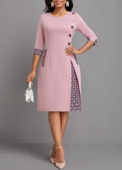 Pink Button Geometric Print A Line Dress