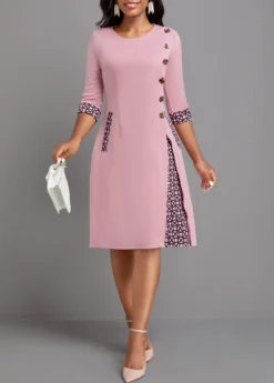 Pink Button Geometric Print A Line Dress -Elegance Swimwear Store 336598 P 16926996154053