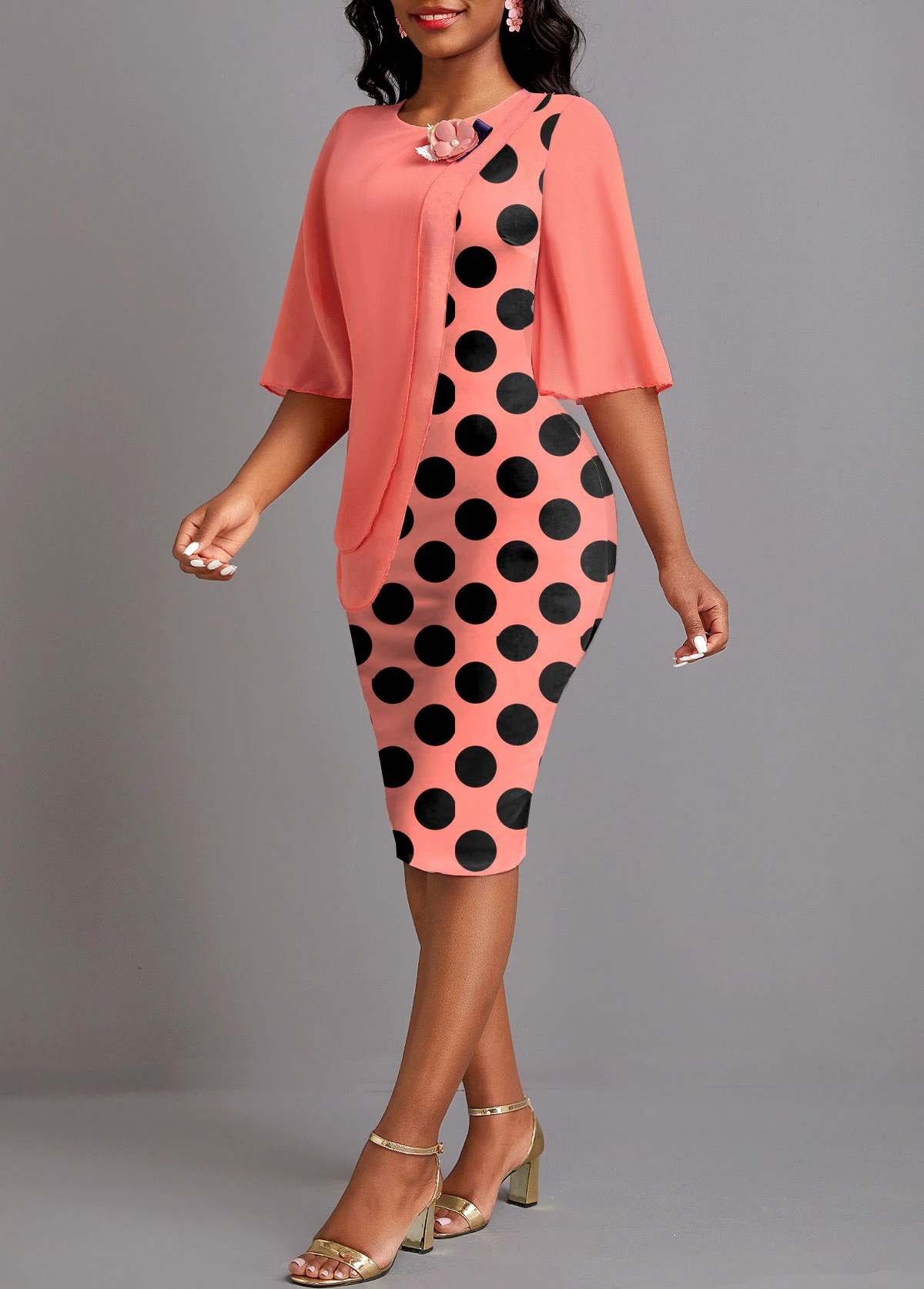 Coral Asymmetry Polka Dot Half Sleeve Bodycon Dress 3 Coral Asymmetry Polka Dot Half Sleeve Bodycon Dress - Image 3