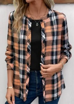 Orange Button Plus Size Plaid Long Sleeve Blouse