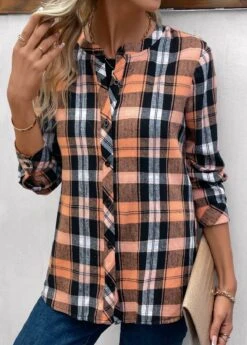 Orange Button Plus Size Plaid Long Sleeve Blouse -Elegance Swimwear Store 336923 P 16911475639873