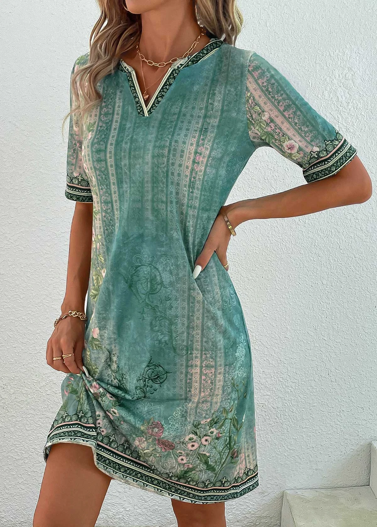 Green Patchwork Floral Print Shift Dress 5 Green Patchwork Floral Print Shift Dress - Image 5