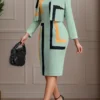 Sage Green Two Piece Geometric Print Dress And Cardigan