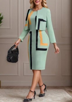 Plus Size Sage Green Two Piece Geometric Print Dress