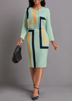 Sage Green Two Piece Geometric Print Dress And Cardigan -Elegance Swimwear Store 337109 P 1694484860137 1