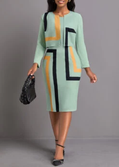 Plus Size Sage Green Two Piece Geometric Print Dress -Elegance Swimwear Store 337109 P 1694484860137