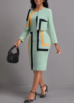 Sage Green Two Piece Geometric Print Dress And Cardigan -Elegance Swimwear Store 337109 P 1694484861506 1