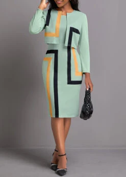 Plus Size Sage Green Two Piece Geometric Print Dress -Elegance Swimwear Store 337109 P 1694484861781