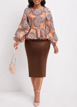 Orange Patchwork Tribal Print Long Sleeve Dress 7 Orange Patchwork Tribal Print Long Sleeve Dress -Elegance Swimwear Store 337112 P 16917223492302