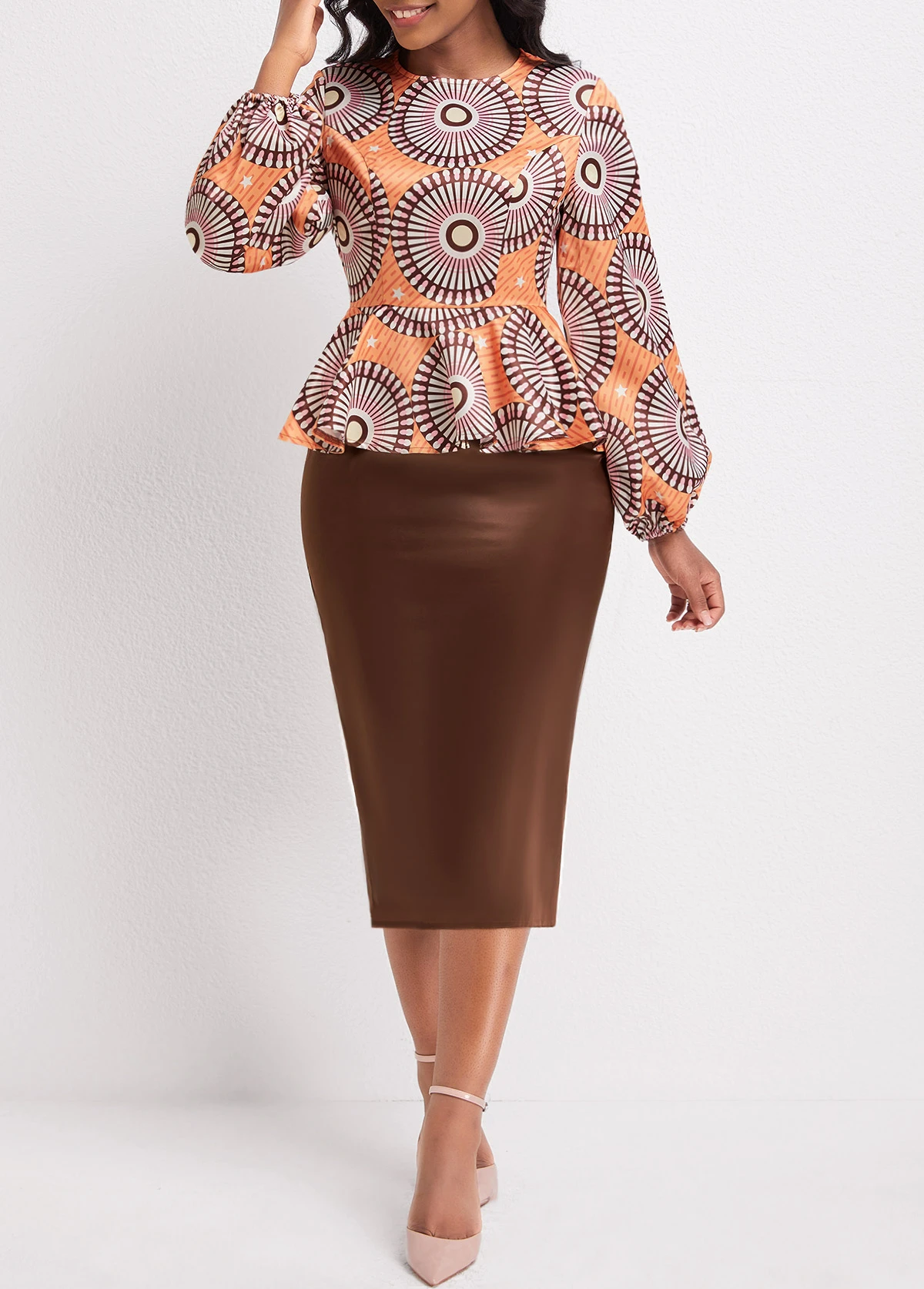 Orange Patchwork Tribal Print Long Sleeve Dress 4 Orange Patchwork Tribal Print Long Sleeve Dress - Image 4