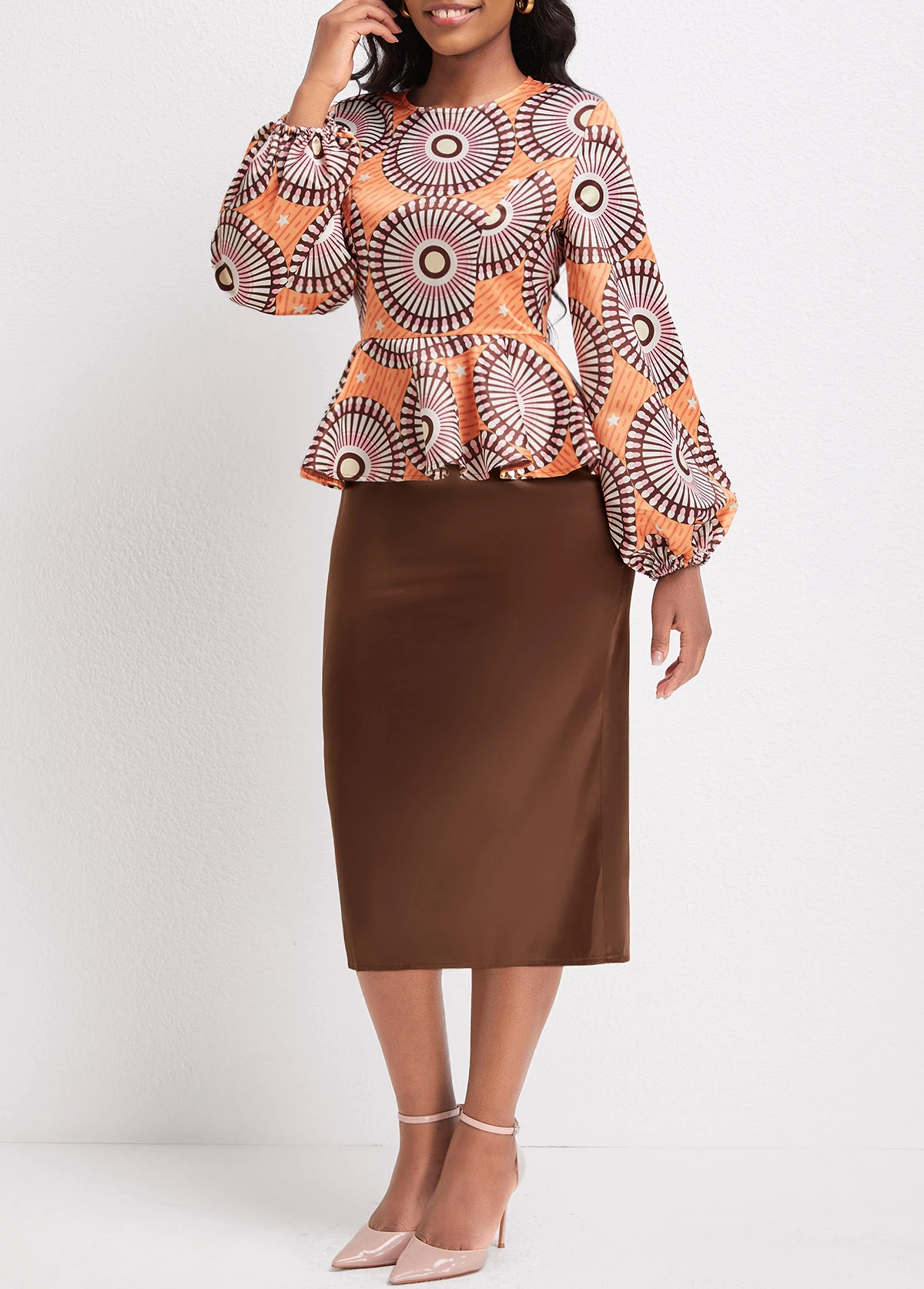 Orange Patchwork Tribal Print Long Sleeve Dress 5 Orange Patchwork Tribal Print Long Sleeve Dress - Image 5
