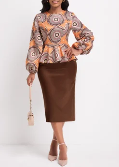 Orange Patchwork Tribal Print Long Sleeve Dress