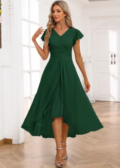 Blackish Green Twist High Low Short Sleeve Dress -Elegance Swimwear Store 337246 P 16947410522372