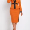 Orange Fake 2in1 Long Sleeve Bodycon Dress