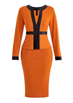 Orange Fake 2in1 Long Sleeve Bodycon Dress -Elegance Swimwear Store 337359 P 16941403397904