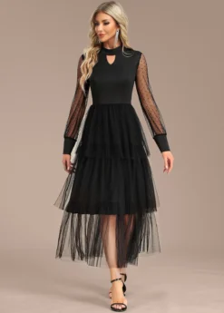 Black Patchwork Long Sleeve Stand Collar Dress