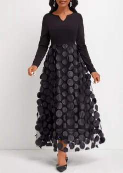 Black Patchwork Long Sleeve Split Neck Maxi Dress -Elegance Swimwear Store 337452 P 16927905033584