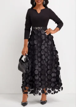 Black Patchwork Long Sleeve Split Neck Maxi Dress -Elegance Swimwear Store 337452 P 16927905033763