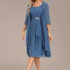 Blue Two Piece Suit Round Neck Dress And Cardigan