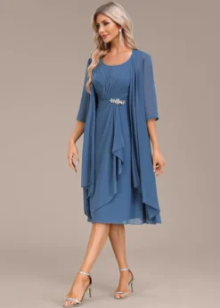Blue Two Piece Suit Round Neck Dress And Cardigan