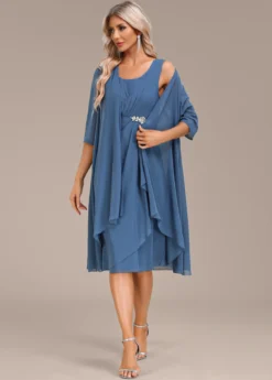 Blue Two Piece Suit Round Neck Dress And Cardigan -Elegance Swimwear Store 337530 P 16939673282434
