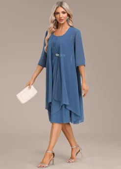 Blue Two Piece Suit Round Neck Dress And Cardigan -Elegance Swimwear Store 337530 P 16939673284922