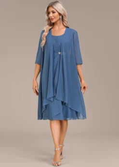 Blue Two Piece Suit Round Neck Dress And Cardigan -Elegance Swimwear Store 337530 P 16939673285875