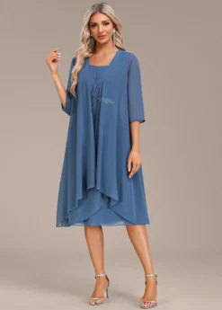 Blue Two Piece Suit Round Neck Dress And Cardigan -Elegance Swimwear Store 337530 P 16939673288503
