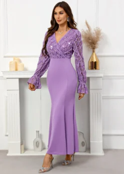 Purple Sequin Maxi Long Sleeve V Neck Bodycon Dress -Elegance Swimwear Store 337535 P 16954679822042