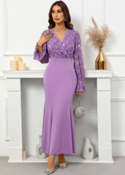 Purple Sequin Maxi Long Sleeve V Neck Bodycon Dress -Elegance Swimwear Store 337535 P 16954679825463