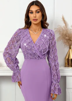 Purple Sequin Maxi Long Sleeve V Neck Bodycon Dress -Elegance Swimwear Store 337535 P 16954679826035